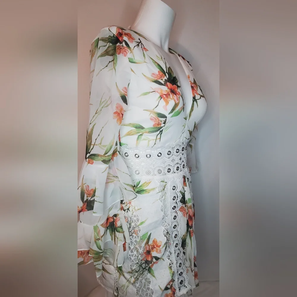 PatBO Size 6 "Wild Flower" Printed White Lace Mini Dress - Picture 2 of 14